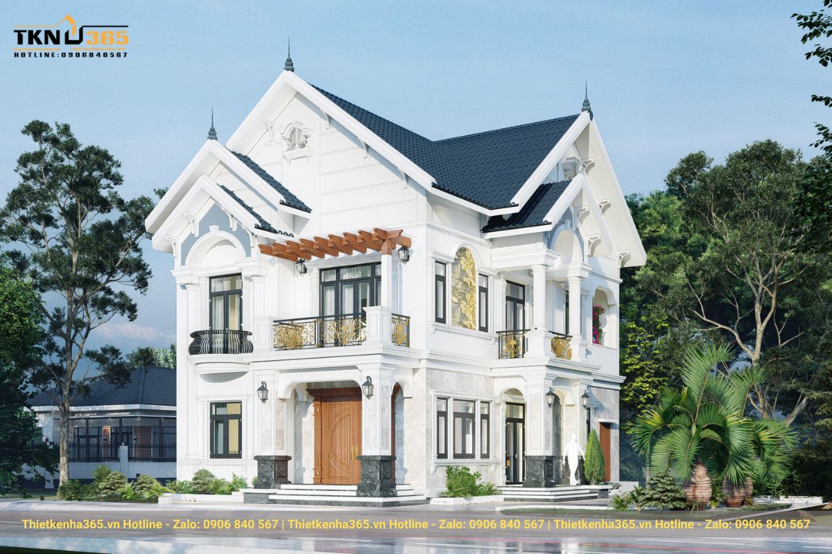 Thiết kế biệt thự m&aacute;i Th&aacute;i xanh nổi bật hơn khi điểm xuyết t&ocirc;ng v&agrave;ng tr&ecirc;n ban c&ocirc;ng,...