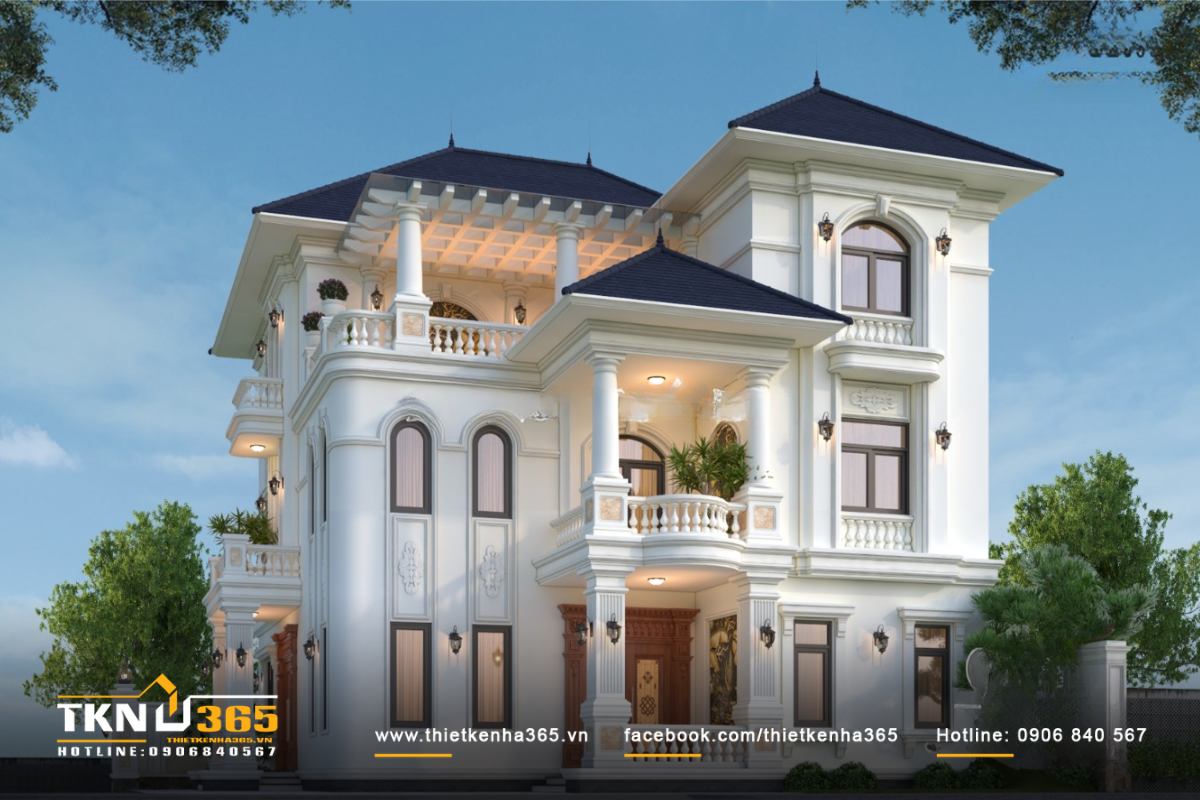 Mẫu biệt thự 3 tầng kiểu pháp 2 mặt tiền khoác lên mình gam màu trắng tinh khiết