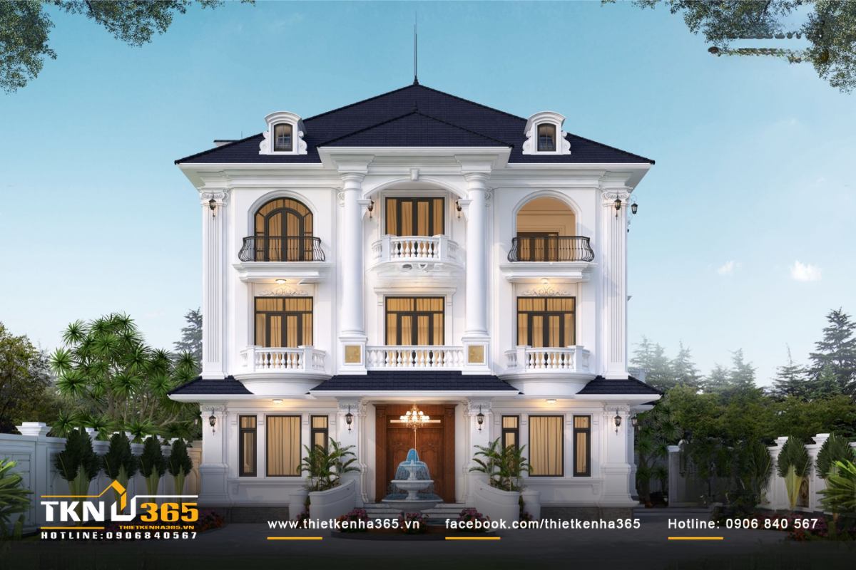 Mẫu thiết kế biệt thự 3 tầng kiểu pháp với cấu trúc cột trụ kiên cố, vững chắc