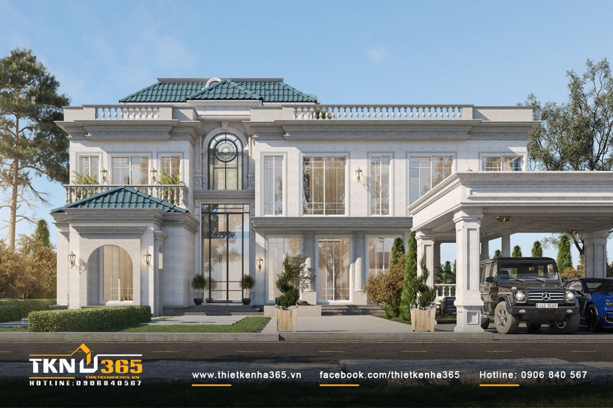 Thiết kế biệt thự 400m2 tông màu trắng mái xanh