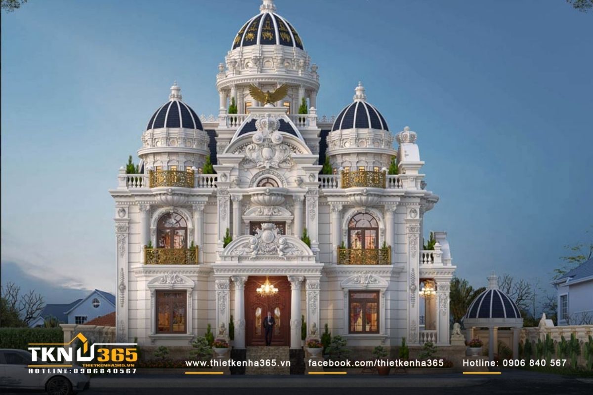 Mẫu biệt thự cổ điển 3 tầng mái chóp nổi bật với phào chỉ và hoa văn trang trí tinh xảo