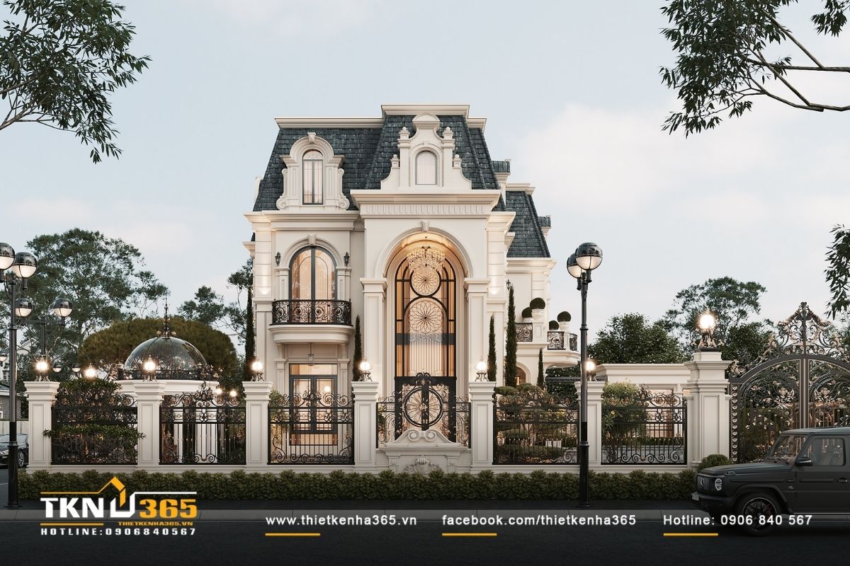 Biệt thự 3 tầng phong cách cổ điển kiểu Pháp cuốn hút với tone sơn trắng kem trang nhã làm chủ đạo