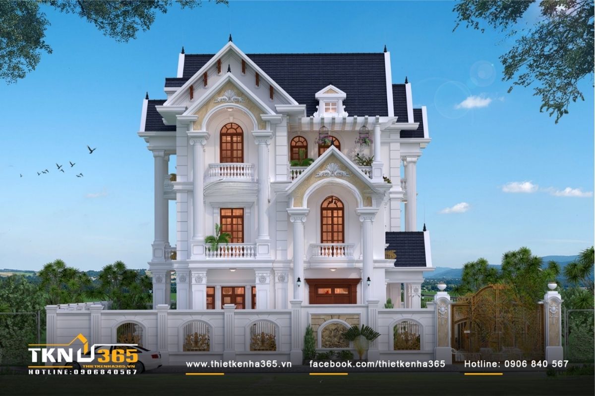 Mặt tiền đẹp nguy nga của biệt thự 3 tầng cổ điển có 6 phòng ngủ của anh Thanh