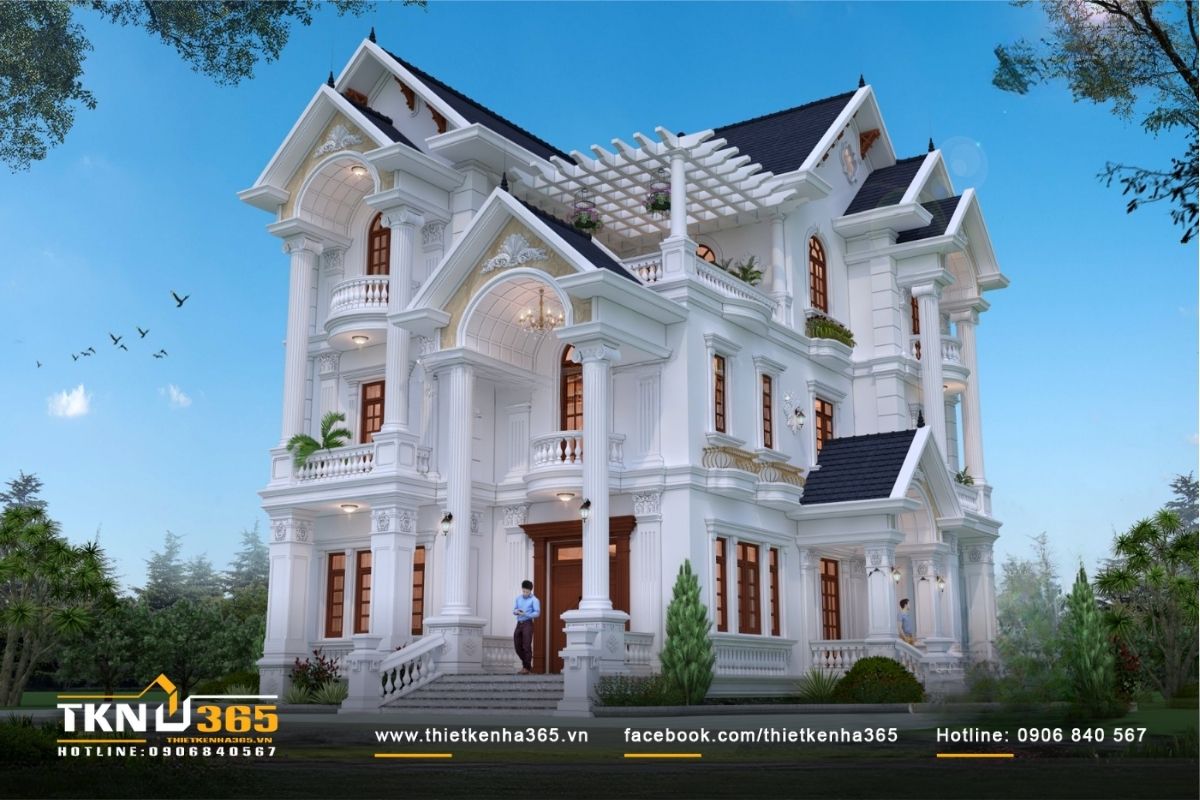 Biệt thự 3 tầng được trang trí với những hoa văn phào chỉ nhẹ nhàng và thanh lịch