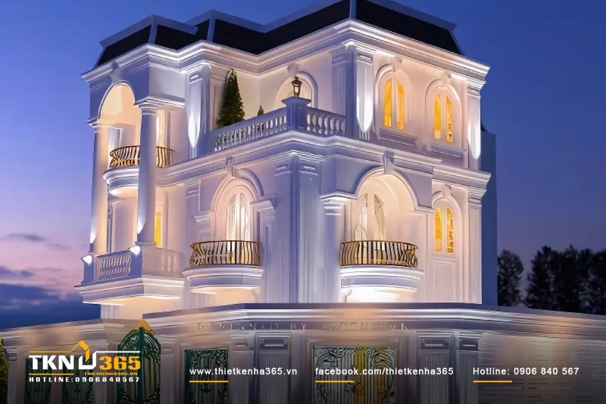 Mẫu dinh thự tân cổ điển 3 tầng nổi bật với gam màu trắng tinh khiết