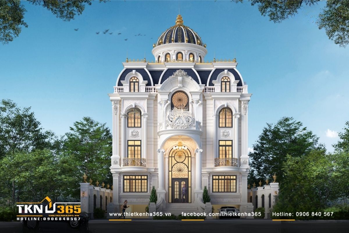 Mặt tiền của mẫu thiết kế dinh thự tân cổ điển 3 tầng thể hiện sự sang trọng và đẳng cấp tuyệt vời