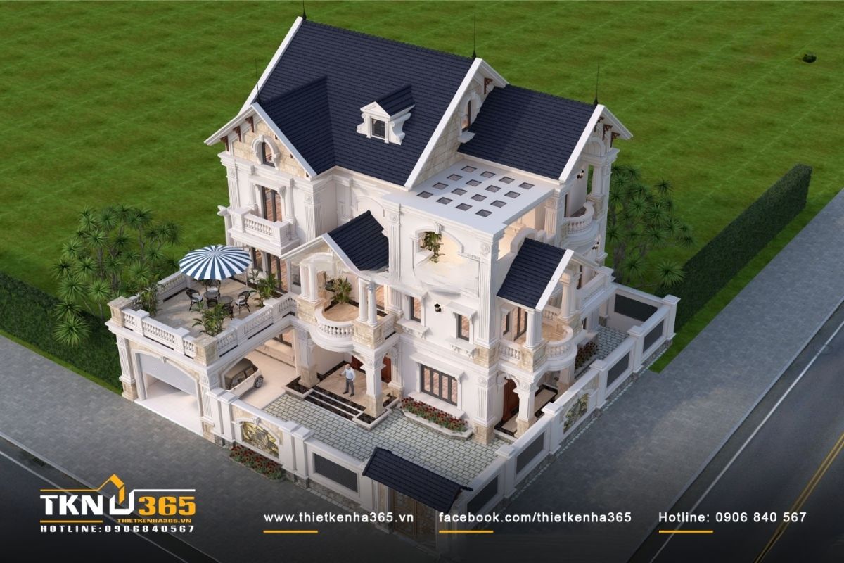 Phối cảnh mẫu biệt thự tân cổ điển 3 tầng với tường rào tinh tế tạo nên sự sang trọng và đẳng cấp