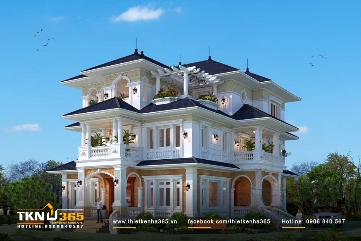 Biệt thự cổ điển 3 tầng được thiết kế với các trụ cột tăng thêm vẻ đẹp bề thế và lộng lẫy