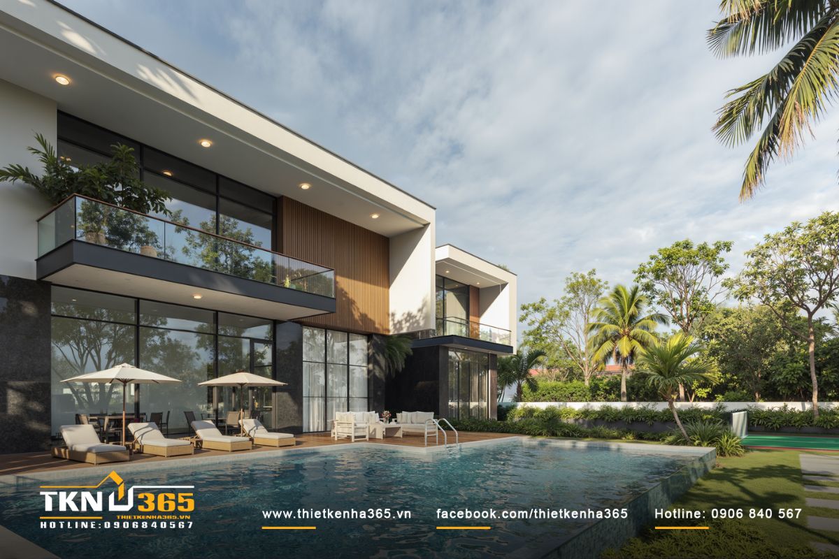 Sắc nước xanh êm ả cùng nắng vàng hài hòa cùng kiến trúc phong cách hiện đại tạo nên không gian bình yên