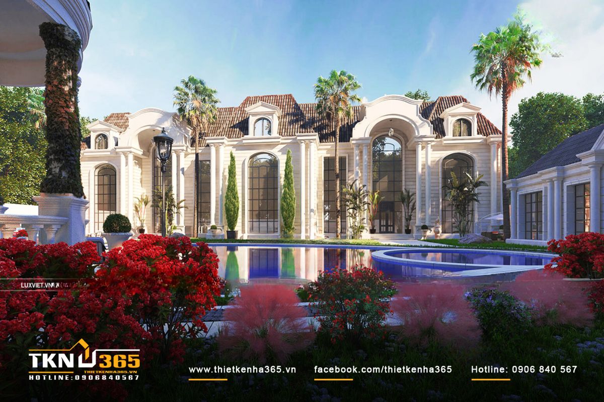 Toàn cảnh mẫu biệt thự tân cổ điển có hồ bơi sang trọng, đẹp tựa như cung điện hoàng gia