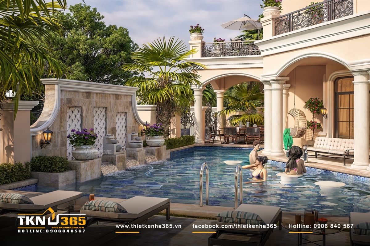 Xung quanh hồ bơi được bố trí nhiều tiểu cảnh cân bằng giữa kiến trúc và thiên nhiên