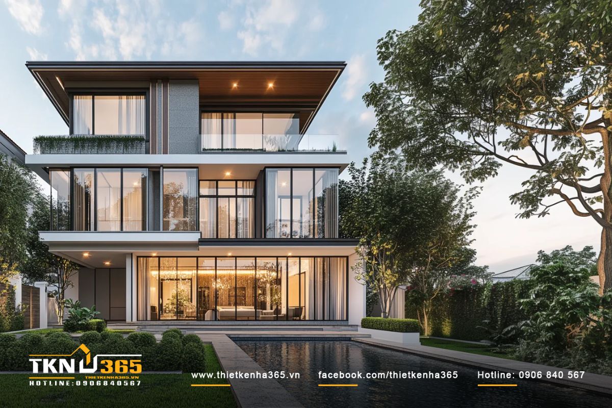 Kiến trúc biệt thự Tropical có hồ bơi hiện đại kết hợp cùng cây xanh tạo nên vẻ đẹp gần gũi, hài hòa với thiên nhiên