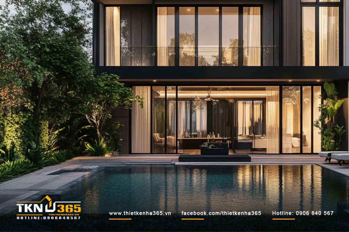 Bể bơi được đặt sát với các phòng giúp việc di chuyển đến hồ bơi nhanh chóng, dễ dàng