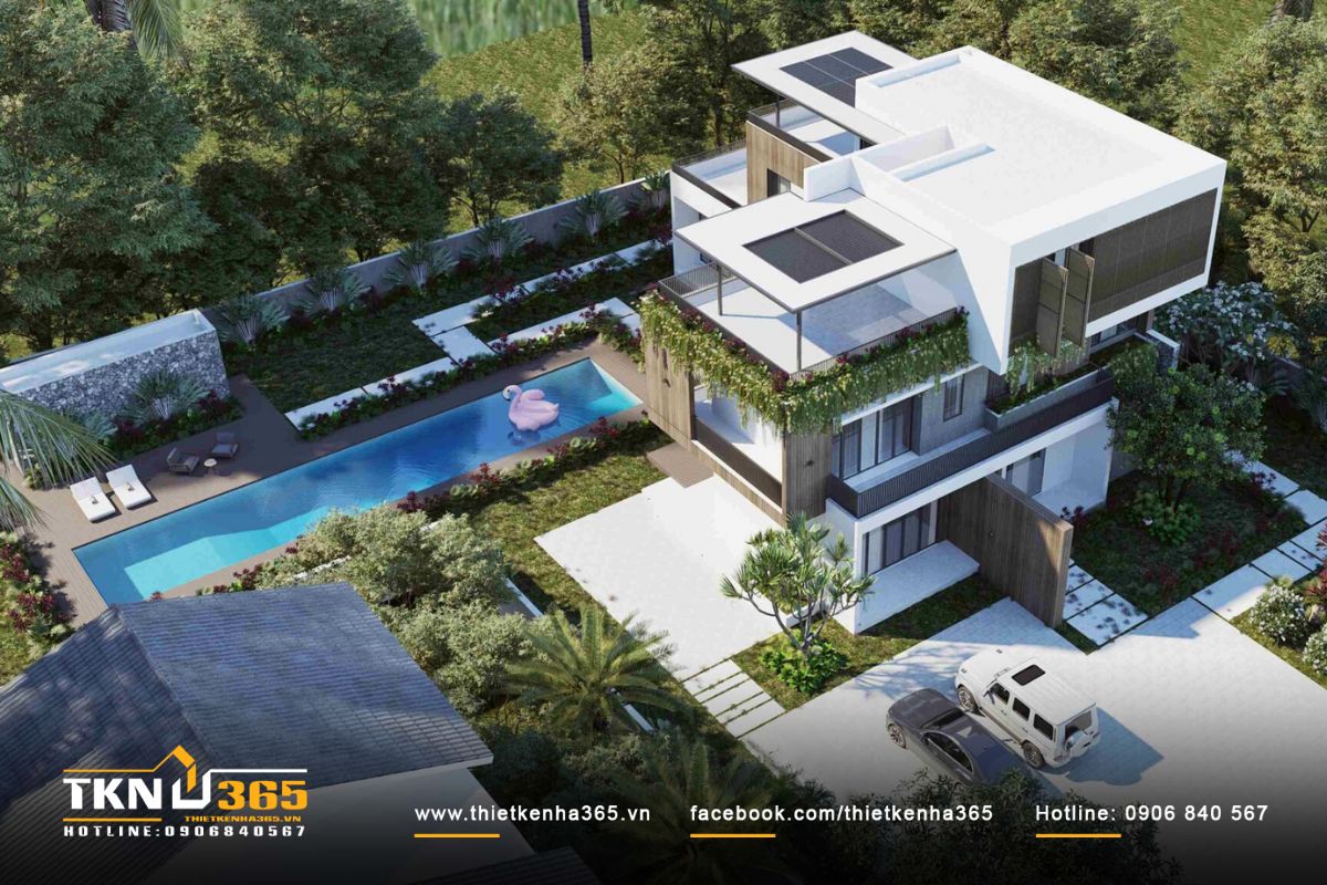 Tổng thể thiết kế biệt thự có tích hợp sân vườn và hồ bơi hài hòa giữa lối kiến trúc nhà hiện đại