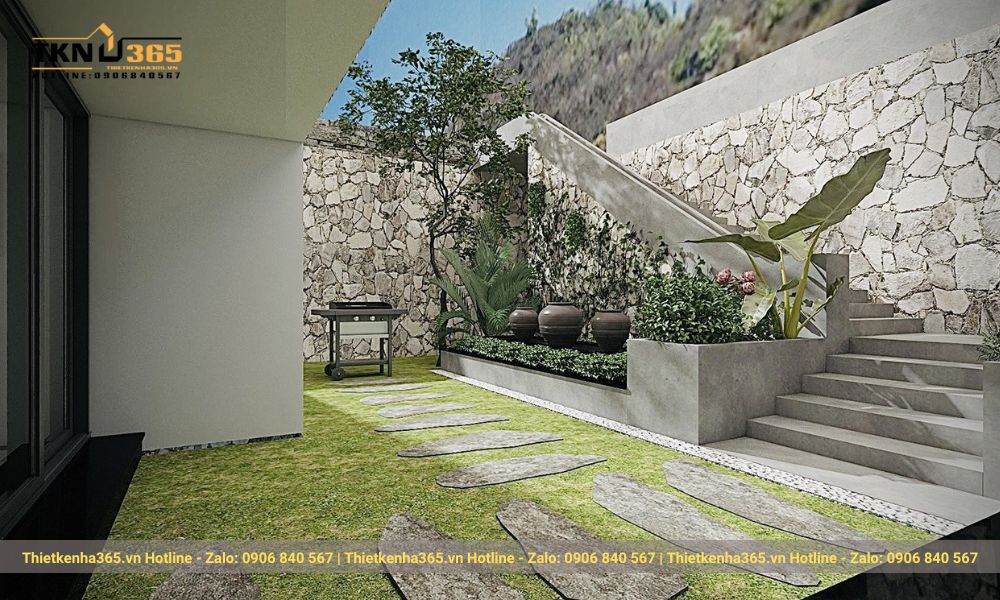 Việc đan cài cây xanh trong mọi góc sân vườn giúp tạo sự thông thoáng, mát mẻ cho căn biệt thự