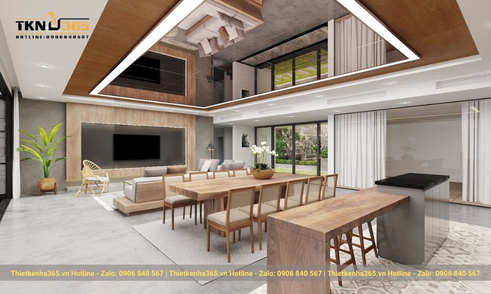 Bàn ăn và phòng khách liên thông tạo không gian mở tối đa