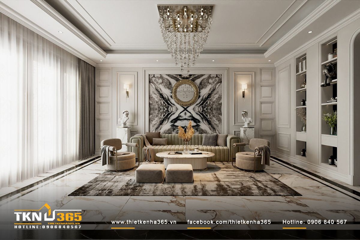 Phòng khách được thiết kế nổi bật nhờ sự kết hợp hài hòa giữa màu sắc và ánh sáng