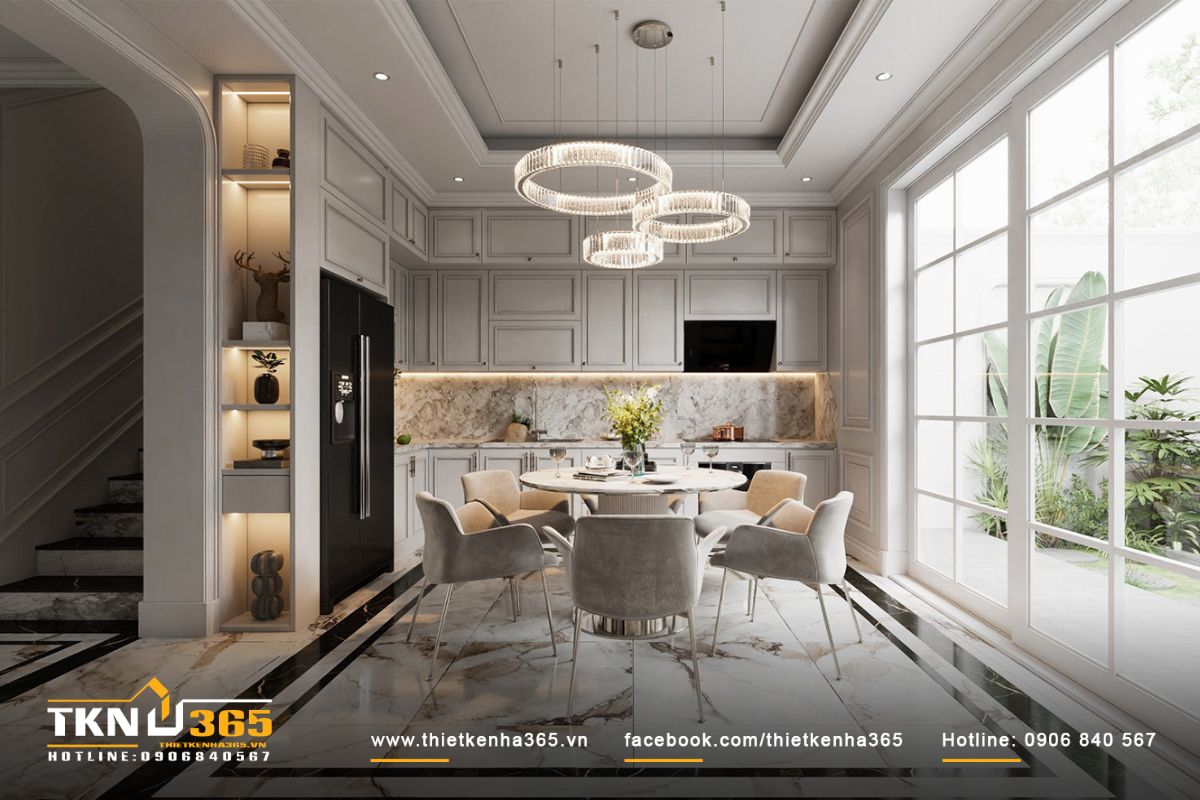 Một không gian bếp tràn đầy ánh sáng tự nhiên, tạo cảm giác thoáng đãng và tươi mới