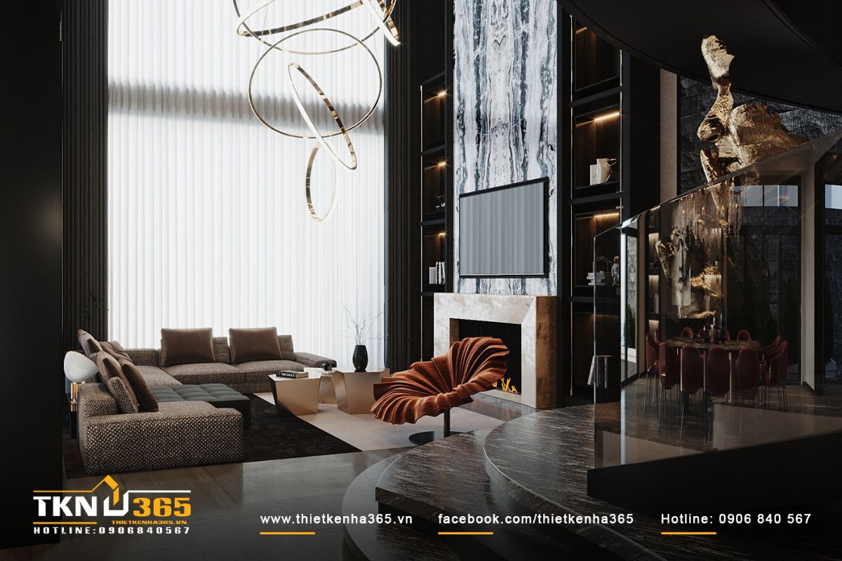 Phòng khách tinh tế với bộ sofa êm ái cùng đèn led ốp theo mảng tường gỗ tạo điểm nhấn