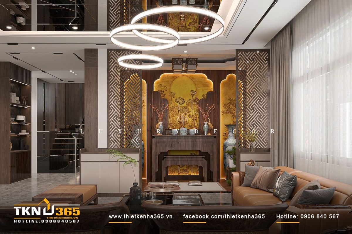 Sử dụng các điểm nhấn tinh tế như vách ngăn, đèn chùm giúp nổi bật, thu hút hơn