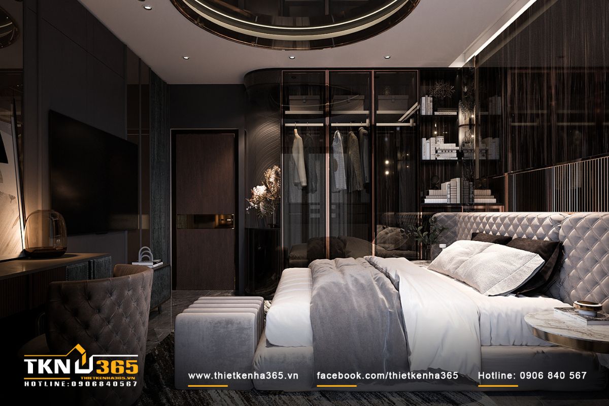 Thiết kế phòng ngủ kết hợp phòng làm việc khép kín hiện đại, sang trọng