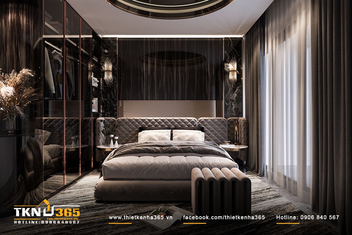 Phòng ngủ master có hệ thống đèn chiếu sáng giấu trần tạo nên không gian ấm áp, lãng mạn