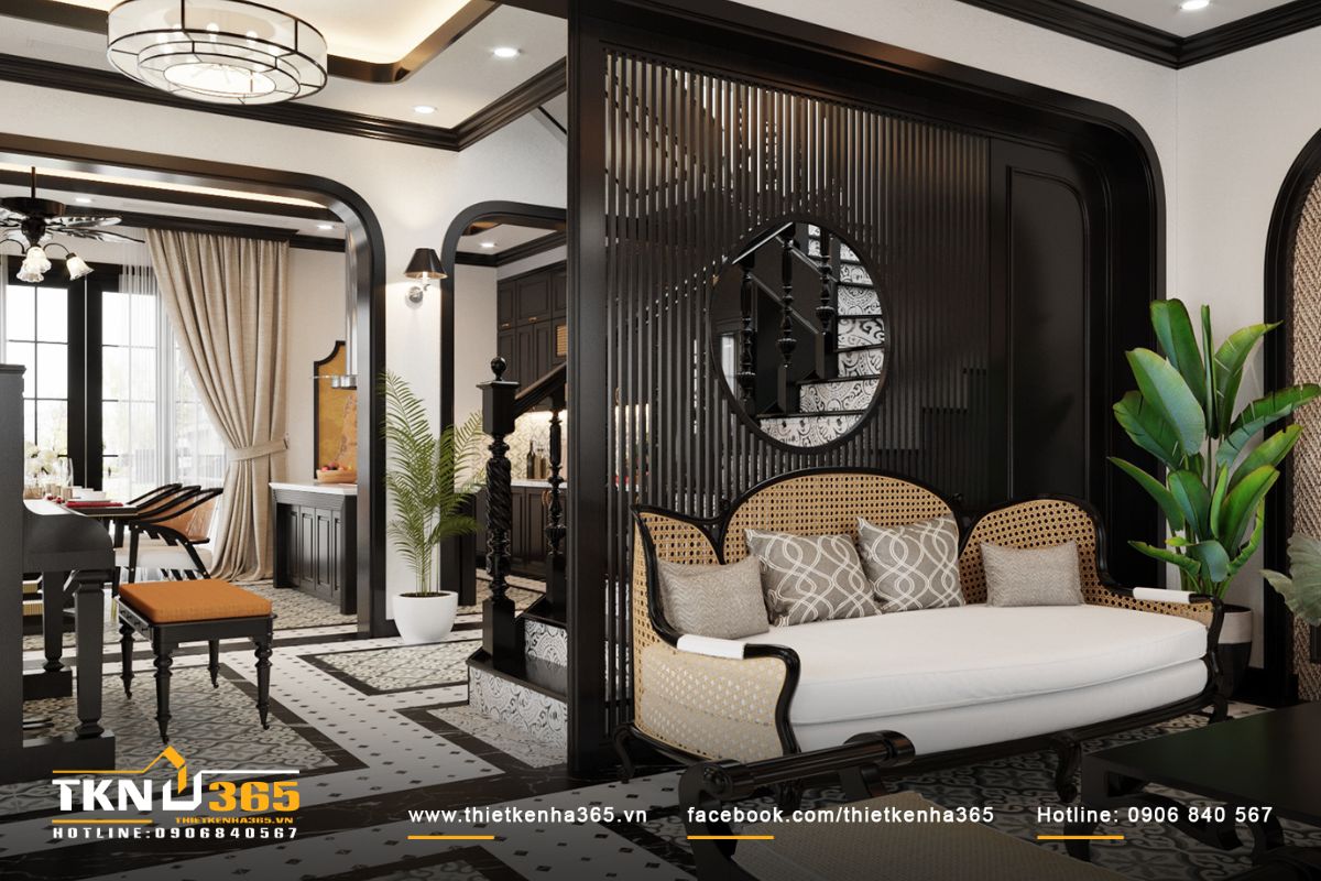 Không gian phòng khách mang đậm phong cách Á Đông, sofa gỗ mây là điểm nhấn nổi bật