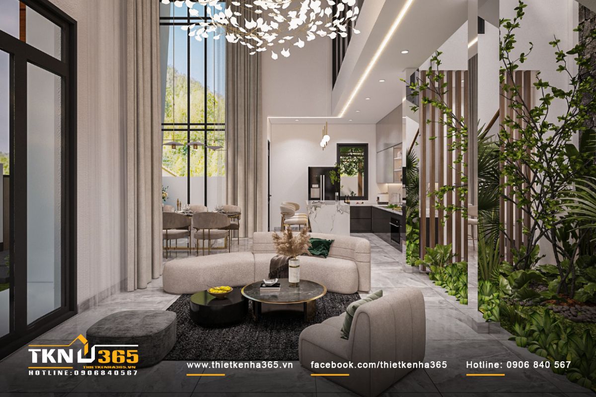 Thiết kế nội thất ph&ograve;ng kh&aacute;ch h&ograve;a m&igrave;nh với thi&ecirc;n nhi&ecirc;n