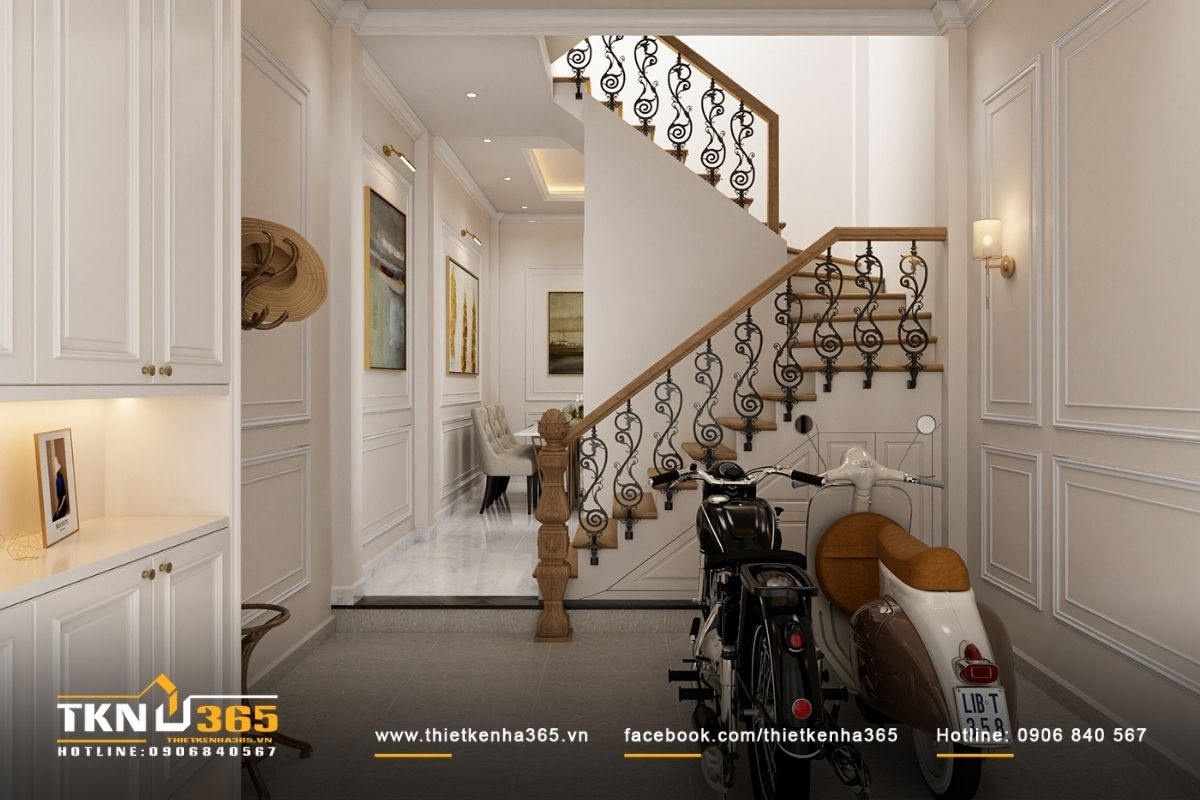 Cầu thang lên các tầng được thiết kế bằng gỗ