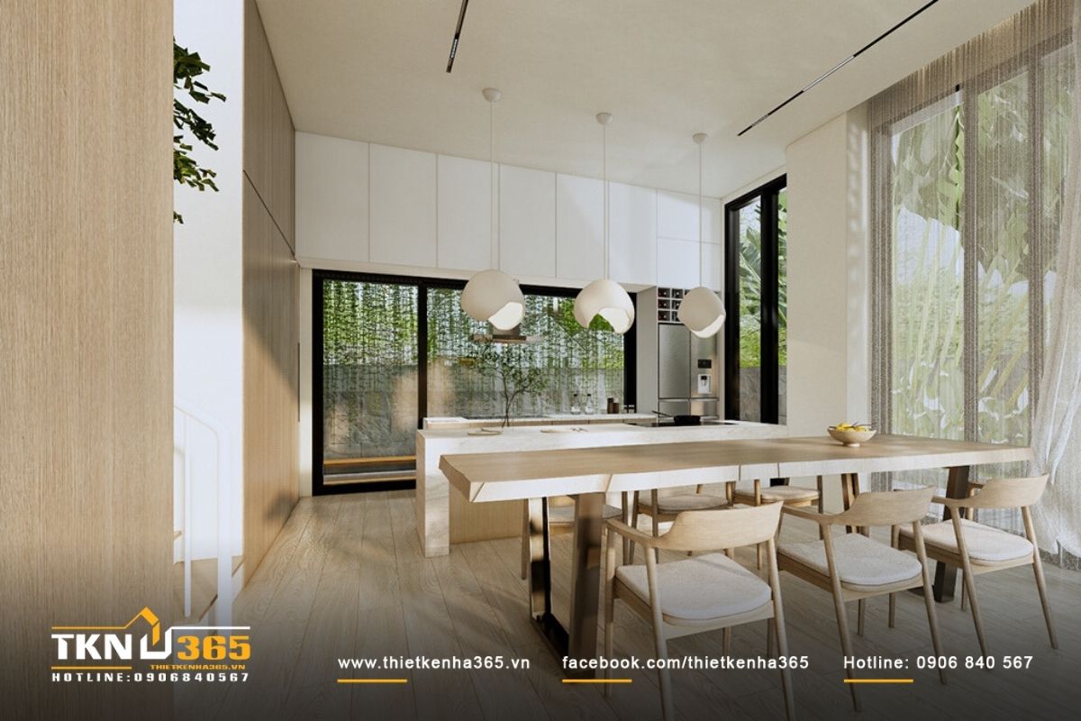 Nội thất phòng bấp thoáng đãng kết hợp cây xanh