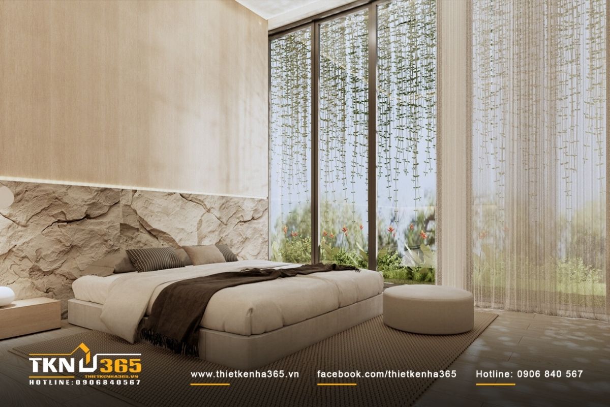 Phòng ngủ với tone trắng be với view cây xanh mang lại tổng thể hài hoà