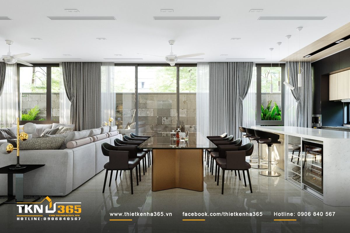 Phòng bếp nối liền không gian phòng khách tạo cảm giác liền mạch trong thiết kế