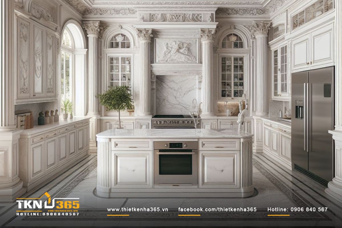 Các chi tiết chạm trổ tinh tế, điêu luyện tạo điểm nhấn cho không gian bếp ăn