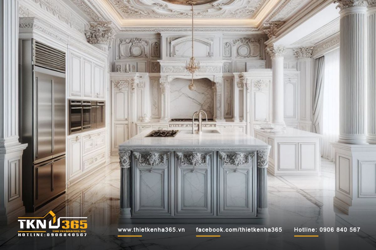 Không gian bếp được thiết kế công phu, tỉ mỉ với điểm nhấn là các hoa văn chạm trổ tạo ấn tượng ngay từ cái nhìn đầu tiên