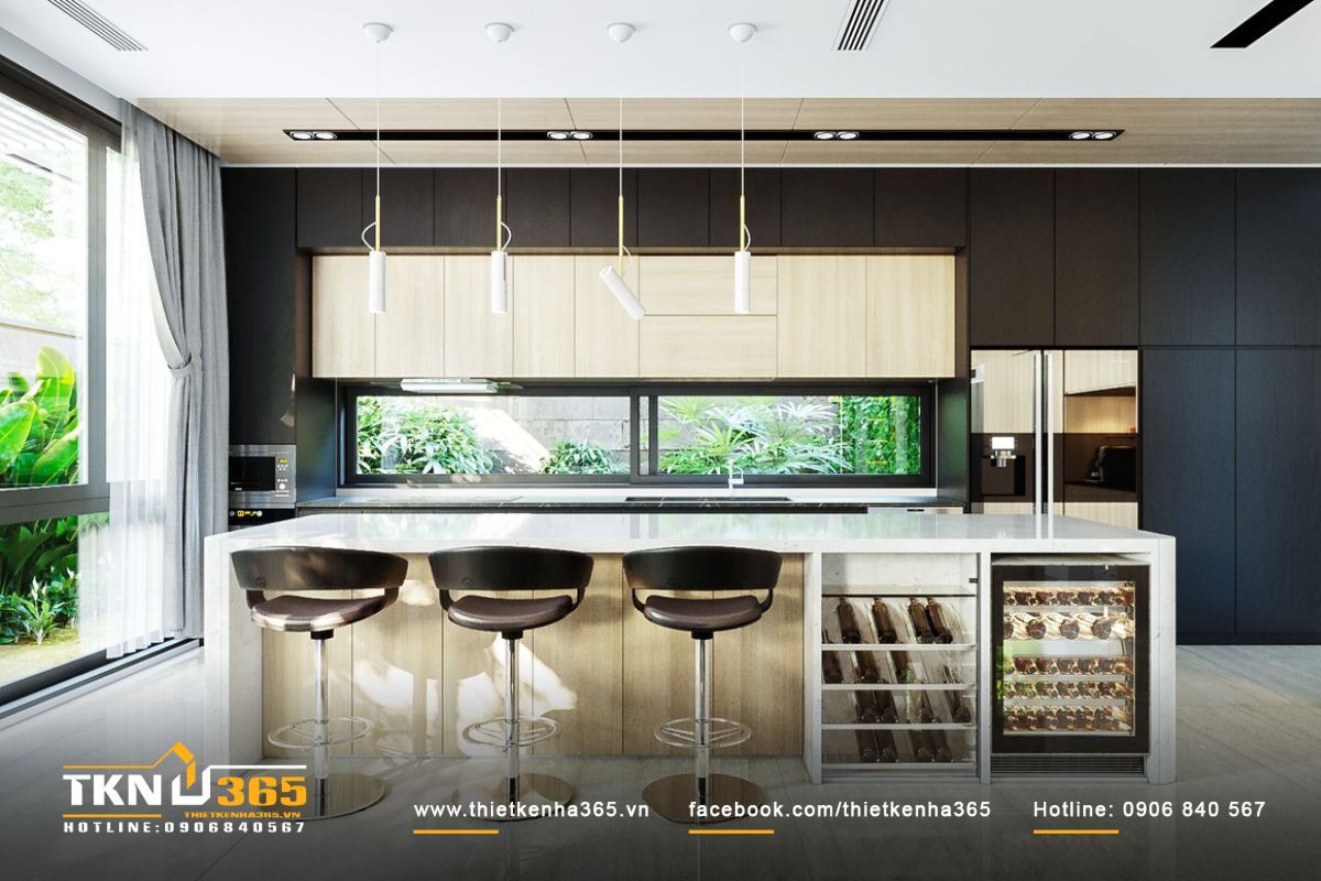 Phòng bếp kết hợp giữa ba tone màu trắng - đen - be hiện đại