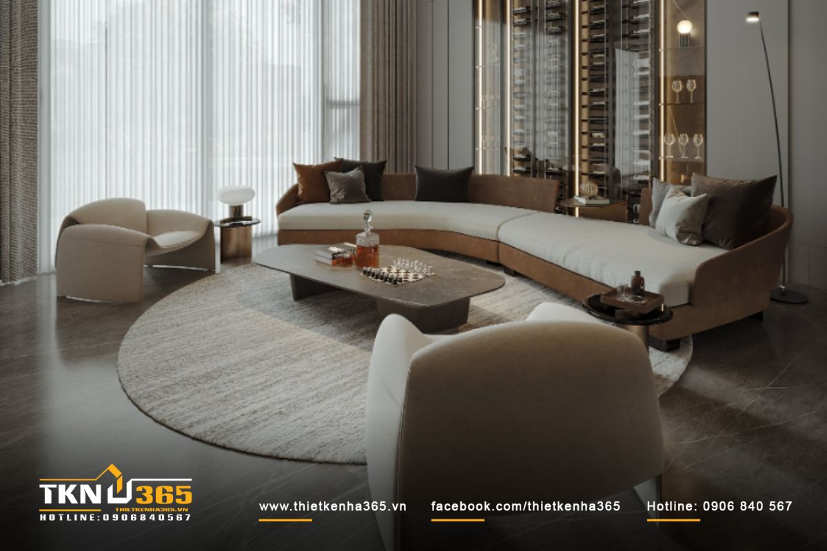 Thiết kế ph&ograve;ng kh&aacute;ch hiện đại với đường n&eacute;t đơn giản nhưng kh&ocirc;ng k&eacute;m phần sang trọng