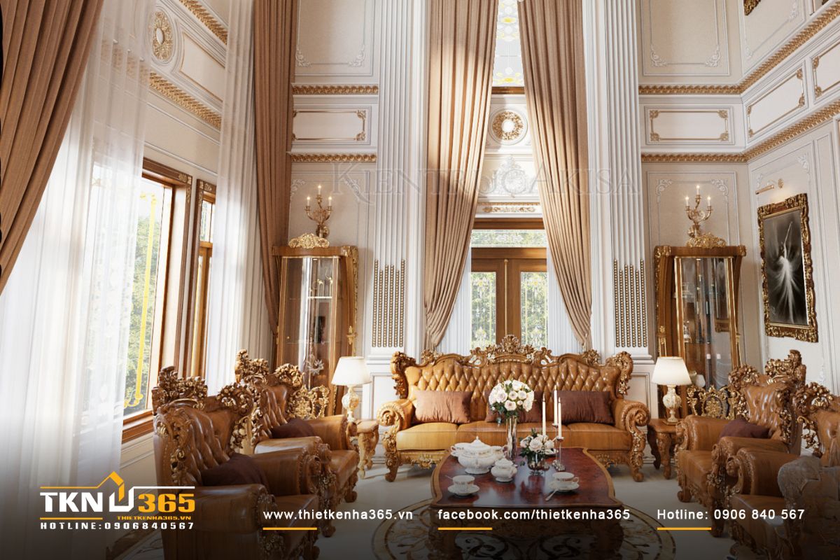 To&agrave;n cảnh nội thất kh&ocirc;ng gian ph&ograve;ng kh&aacute;ch th&ocirc;ng tầng cao cấp v&agrave; sang trọng