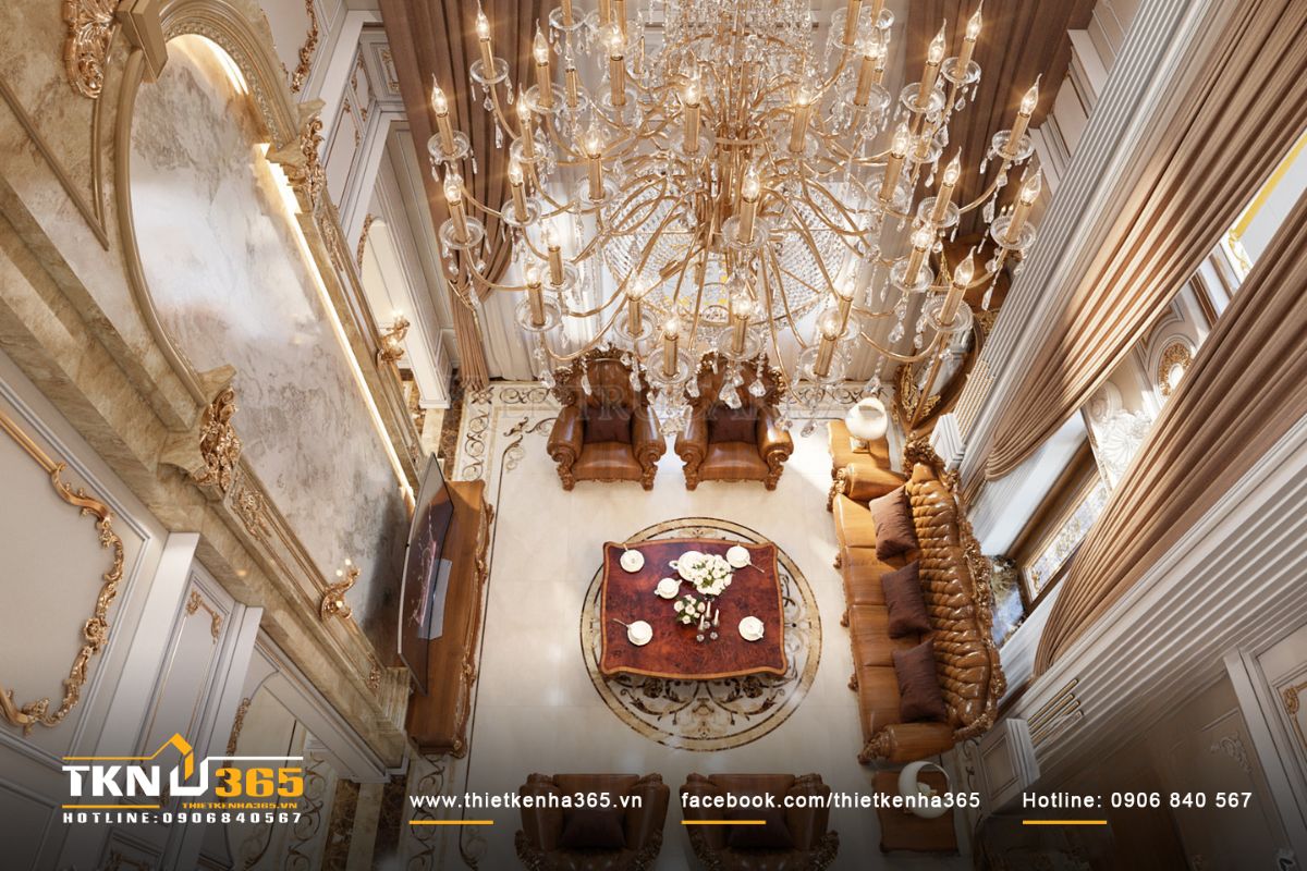 Thiết kế ph&ograve;ng kh&aacute;ch t&acirc;n cổ điển với đ&egrave;n ch&ugrave;m pha l&ecirc; nhập khẩu