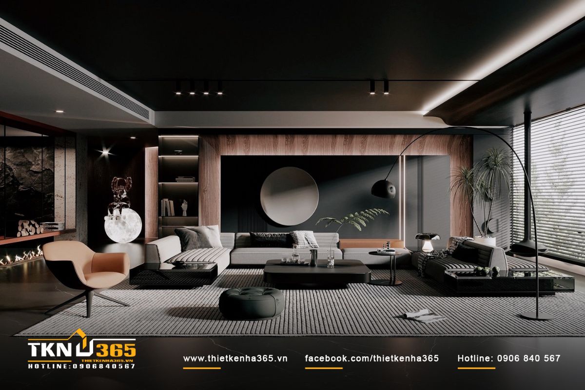 Mẫu thiết kế nội thất ph&ograve;ng kh&aacute;ch Luxury biệt thự nổi bật với t&ocirc;ng m&agrave;u đen l&agrave;m chủ đạo