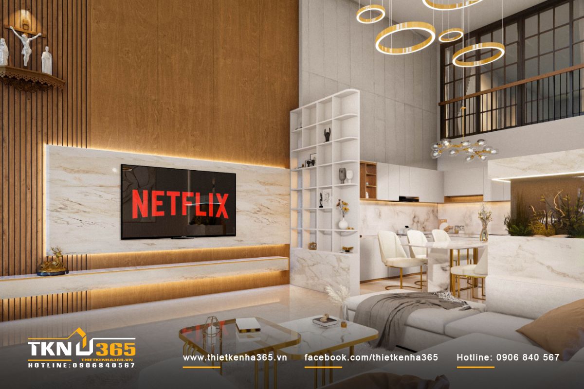 Chất liệu đ&aacute; marble kết hợp với lam gỗ v&agrave; &aacute;nh s&aacute;ng đ&egrave;n LED &acirc;m tường tạo ra điểm nhấn cho khu vực tivi