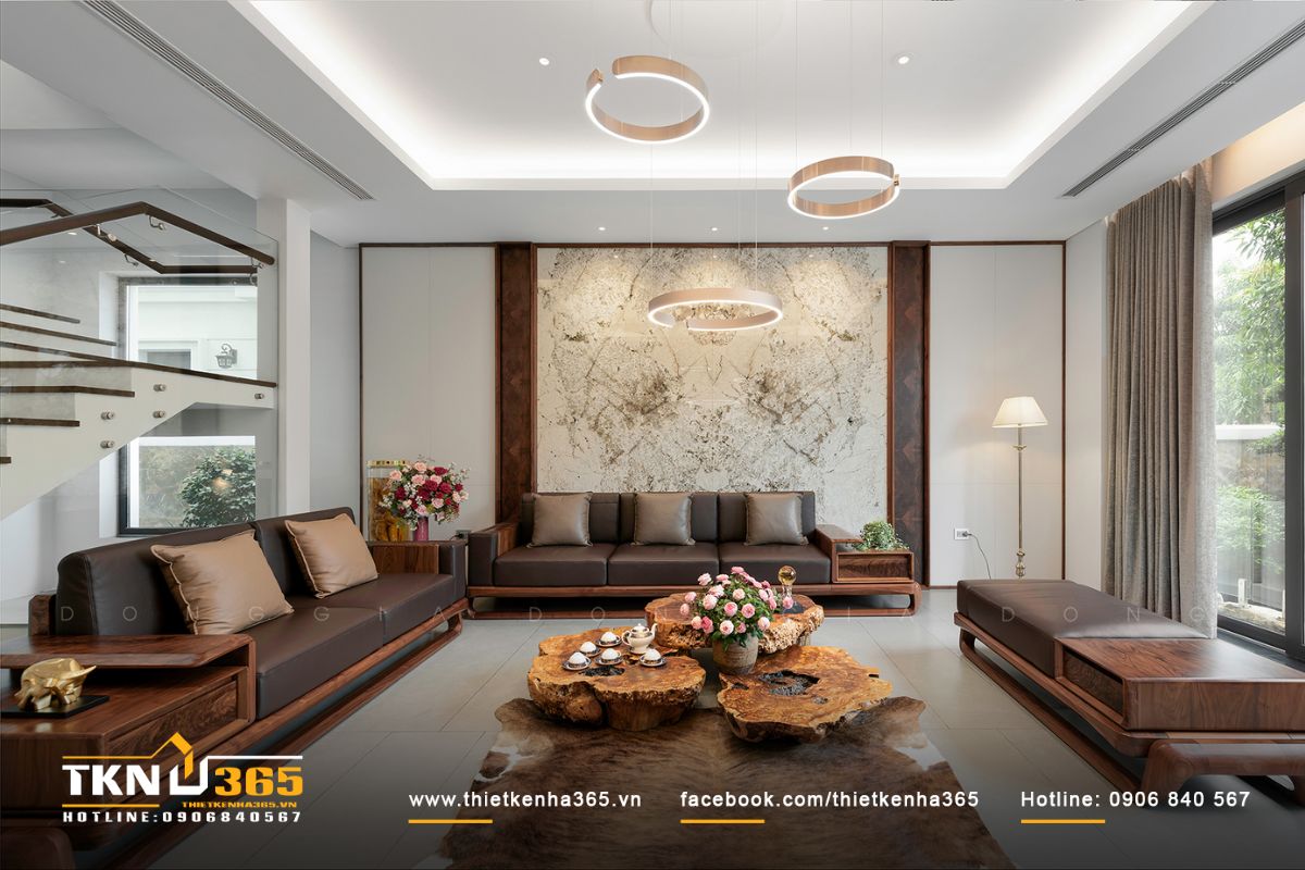 Mẫu thiết kế ph&ograve;ng kh&aacute;ch biệt thự s&acirc;n vườn đẳng cấp v&agrave; tinh tế sử dụng c&aacute;c chất liệu cao cấp