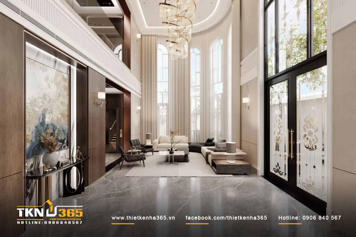 Ph&ograve;ng kh&aacute;ch được sắp xếp ngay lối v&agrave;o ch&iacute;nh v&agrave; gần c&aacute;c cửa sổ lớn, gi&uacute;p tận dụng tối đa &aacute;nh s&aacute;ng tự nhi&ecirc;n