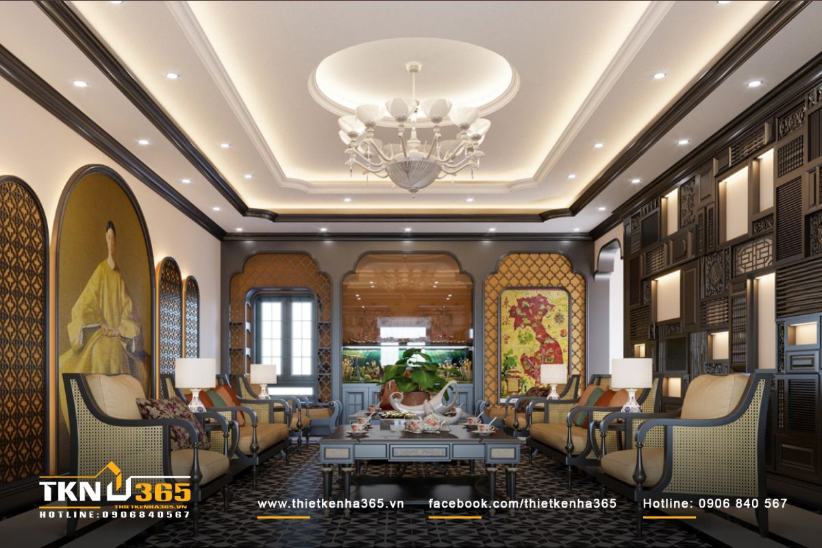 C&aacute;c chi tiết phong c&aacute;ch Indochine được thể hiện r&otilde; n&eacute;t qua những chất liệu quen thuộc