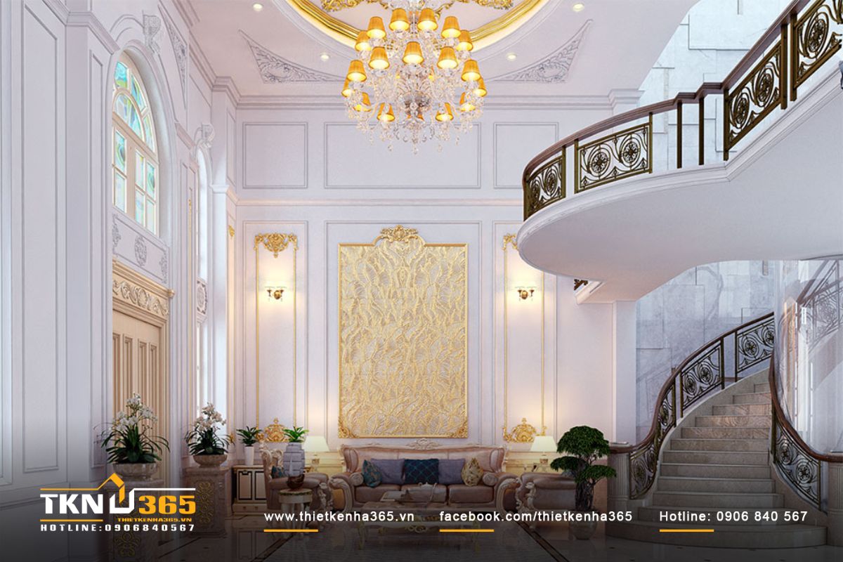 Mẫu ph&ograve;ng kh&aacute;ch th&ocirc;ng tầng t&acirc;n cổ điển với t&ocirc;ng m&agrave;u trắng v&agrave;ng sang trọng v&agrave; ban c&ocirc;ng v&ograve;m tối ưu diện t&iacute;ch
