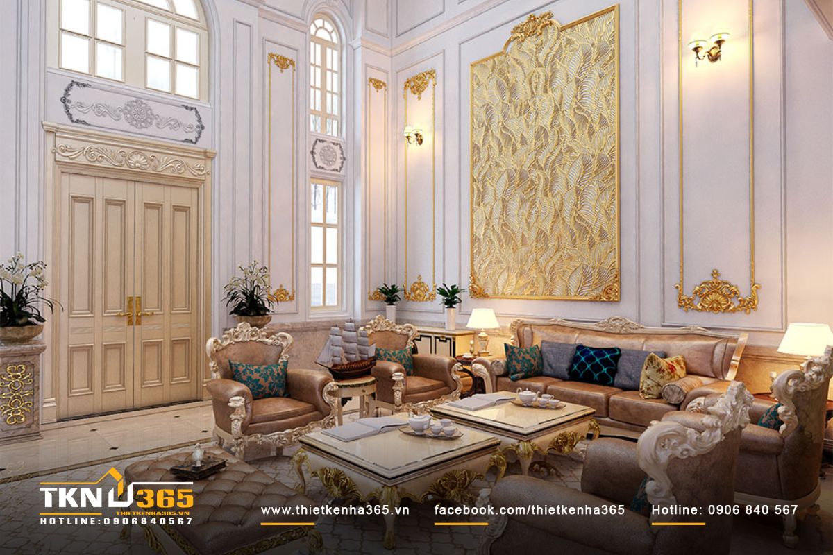 Sắp xếp bộ b&agrave;n ghế bọc da gọn g&agrave;ng mang đến vẻ sang trọng v&agrave; qu&yacute; ph&aacute;i cho ph&ograve;ng kh&aacute;ch của biệt thự t&acirc;n cổ điển