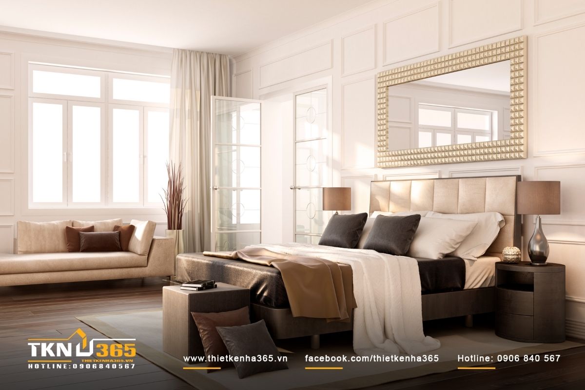 Phòng ngủ biệt thự theo phong cách hiện đại nổi bật với đường nét gọn gàng, sắc sảo