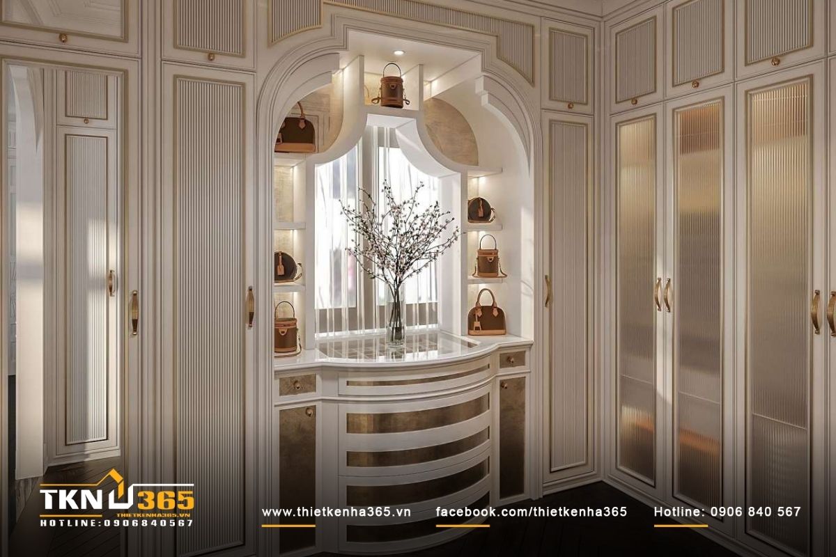 Khu vực phòng thay đồ được thiết kế với bàn trang điểm sang trọng và tinh tế