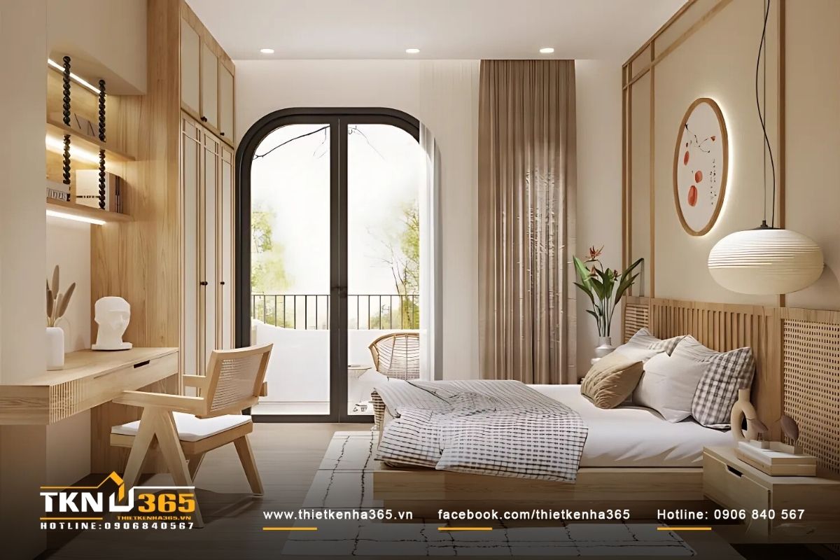 Không gian phòng ngủ được thiết kế với cửa lớn tận dụng ánh sáng