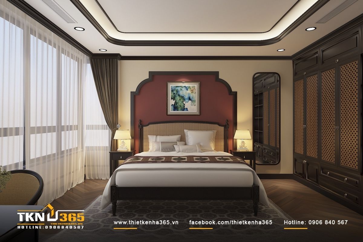 Màu sắc chủ đạo của phòng ngủ là đỏ rượu vang, tạo điểm nhấn ấm cúng cho nội thất