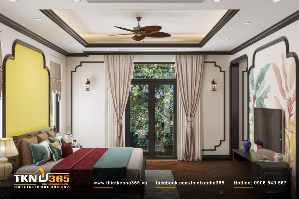 Thiết kế phòng ngủ được điểm xuyết bằng những bức tranh thiên nhiên nghệ thuật lãng mạn